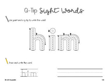 Free first grade worksheet, beginner sight word for 1st graders and high frequency word 'him', sight word worksheet includes q-tip painting, sight word tracing and handwriting, first 100 fry sight words, Dolch, PDF