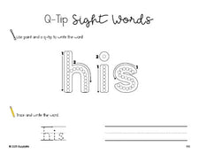 Free first grade worksheet, beginner sight word for 1st graders and high frequency word 'his', sight word worksheet includes q-tip painting, sight word tracing and handwriting, first 100 fry sight words, Dolch, PDF