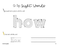 Free first grade worksheet, beginner sight word for 1st graders and high frequency word 'how', sight word worksheet includes q-tip painting, sight word tracing and handwriting, first 100 fry sight words, Dolch, PDF