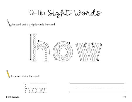 Free first grade worksheet, beginner sight word for 1st graders and high frequency word 'how', sight word worksheet includes q-tip painting, sight word tracing and handwriting, first 100 fry sight words, Dolch, PDF