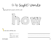 Free first grade worksheet, beginner sight word for 1st graders and high frequency word 'how', sight word worksheet includes q-tip painting, sight word tracing and handwriting, first 100 fry sight words, Dolch, PDF