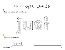 Free first grade worksheet, beginner sight word for 1st graders and high frequency word 'just', sight word worksheet includes q-tip painting, sight word tracing and handwriting, second 100 fry sight words, Dolch, PDF