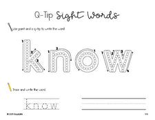 Free first grade worksheet, beginner sight word for 1st graders and high frequency word 'know', sight word worksheet includes q-tip painting, sight word tracing and handwriting, second 100 fry sight words, Dolch, PDF