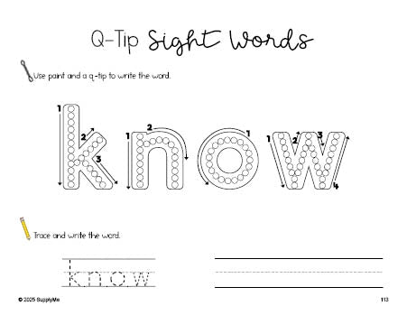 Free first grade worksheet, beginner sight word for 1st graders and high frequency word 'know', sight word worksheet includes q-tip painting, sight word tracing and handwriting, second 100 fry sight words, Dolch, PDF