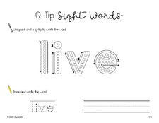 Free first grade worksheet, beginner sight word for 1st graders and high frequency word 'live', sight word worksheet includes q-tip painting, sight word tracing and handwriting, second 100 fry sight words, Dolch, PDF