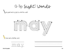 Free first grade worksheet, beginner sight word for 1st graders and high frequency word 'may', sight word worksheet includes q-tip painting, sight word tracing and handwriting, first 100 fry sight words, Dolch, PDF