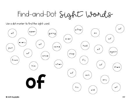 Free first grade worksheet, sight word dot marker printable coloring page, beginner sight word for 1st graders and high frequency word 'of', first 100 fry sight words, Dolch, PDF