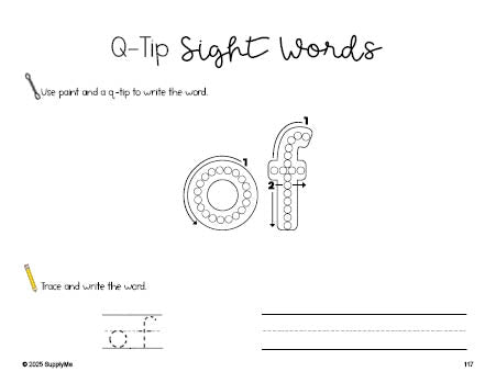 Free first grade worksheet, beginner sight word for 1st graders and high frequency word 'of', sight word worksheet includes q-tip painting, sight word tracing and handwriting, first 100 fry sight words, Dolch, PDF