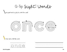 Free first grade worksheet, beginner sight word for 1st graders and high frequency word 'once', sight word worksheet includes q-tip painting, sight word tracing and handwriting, third 100 fry sight words, Dolch, PDF