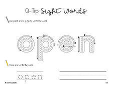 Free first grade worksheet, beginner sight word for 1st graders and high frequency word 'open', sight word worksheet includes q-tip painting, sight word tracing and handwriting, third 100 fry sight words, Dolch, PDF