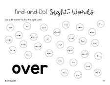 Free first grade worksheet, sight word dot marker printable coloring page, beginner sight word for 1st graders and high frequency word 'over', second 100 fry sight words, Dolch, PDF