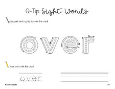 Free first grade worksheet, beginner sight word for 1st graders and high frequency word 'over', sight word worksheet includes q-tip painting, sight word tracing and handwriting, second 100 fry sight words, Dolch, PDF
