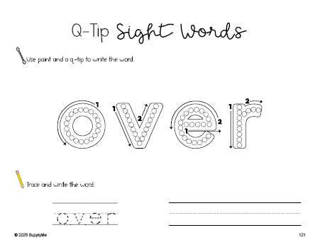 Free first grade worksheet, beginner sight word for 1st graders and high frequency word 'over', sight word worksheet includes q-tip painting, sight word tracing and handwriting, second 100 fry sight words, Dolch, PDF