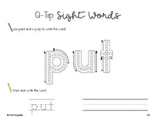 Free first grade worksheet, beginner sight word for 1st graders and high frequency word 'put', sight word worksheet includes q-tip painting, sight word tracing and handwriting, second 100 fry sight words, Dolch, PDF