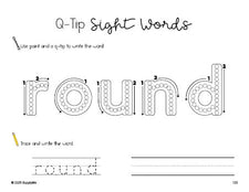 Free first grade worksheet, beginner sight word for 1st graders and high frequency word 'round', sight word worksheet includes q-tip painting, sight word tracing and handwriting, fifth 100 fry sight words, Dolch, PDF