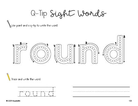 Free first grade worksheet, beginner sight word for 1st graders and high frequency word 'round', sight word worksheet includes q-tip painting, sight word tracing and handwriting, fifth 100 fry sight words, Dolch, PDF