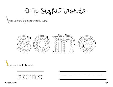 Free first grade worksheet, beginner sight word for 1st graders and high frequency word 'some', sight word worksheet includes q-tip painting, sight word tracing and handwriting, first 100 fry sight words, Dolch, PDF