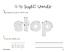 Free first grade worksheet, beginner sight word for 1st graders and high frequency word 'stop', sight word worksheet includes q-tip painting, sight word tracing and handwriting, third 100 fry sight words, Dolch, PDF