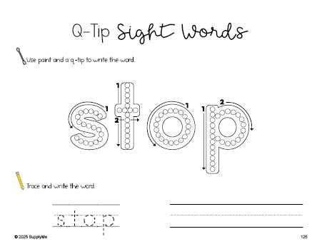 Free first grade worksheet, beginner sight word for 1st graders and high frequency word 'stop', sight word worksheet includes q-tip painting, sight word tracing and handwriting, third 100 fry sight words, Dolch, PDF