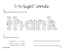 Free first grade worksheet, beginner sight word for 1st graders and high frequency word 'thank', sight word worksheet includes q-tip painting, sight word tracing and handwriting, Dolch, PDF