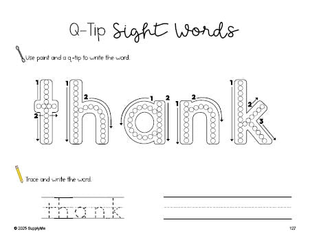 Free first grade worksheet, beginner sight word for 1st graders and high frequency word 'thank', sight word worksheet includes q-tip painting, sight word tracing and handwriting, Dolch, PDF
