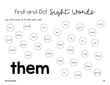 Free first grade worksheet, sight word dot marker printable coloring page, beginner sight word for 1st graders and high frequency word 'them', first 100 fry sight words, Dolch, PDF