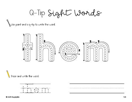 Free first grade worksheet, beginner sight word for 1st graders and high frequency word 'them', sight word worksheet includes q-tip painting, sight word tracing and handwriting, first 100 fry sight words, Dolch, PDF
