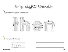 Free first grade worksheet, beginner sight word for 1st graders and high frequency word 'then', sight word worksheet includes q-tip painting, sight word tracing and handwriting, first 100 fry sight words, Dolch, PDF