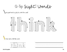Free first grade worksheet, beginner sight word for 1st graders and high frequency word 'think', sight word worksheet includes q-tip painting, sight word tracing and handwriting, second 100 fry sight words, Dolch, PDF