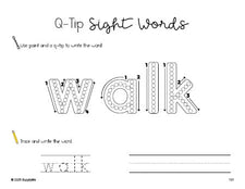 Free first grade worksheet, beginner sight word for 1st graders and high frequency word 'walk', sight word worksheet includes q-tip painting, sight word tracing and handwriting, third 100 fry sight words, Dolch, PDF