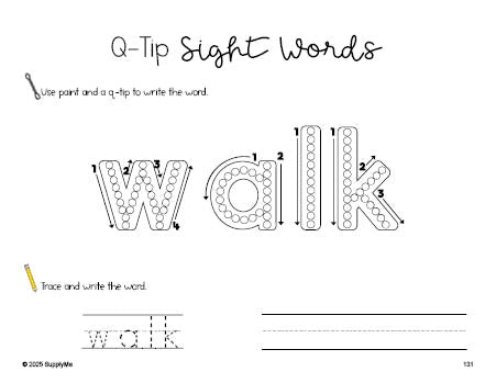 Free first grade worksheet, beginner sight word for 1st graders and high frequency word 'walk', sight word worksheet includes q-tip painting, sight word tracing and handwriting, third 100 fry sight words, Dolch, PDF