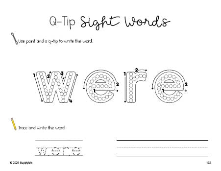 Free first grade worksheet, beginner sight word for 1st graders and high frequency word 'were', sight word worksheet includes q-tip painting, sight word tracing and handwriting, first 100 fry sight words, Dolch, PDF