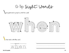 Free first grade worksheet, beginner sight word for 1st graders and high frequency word 'when', sight word worksheet includes q-tip painting, sight word tracing and handwriting, first 100 fry sight words, Dolch, PDF
