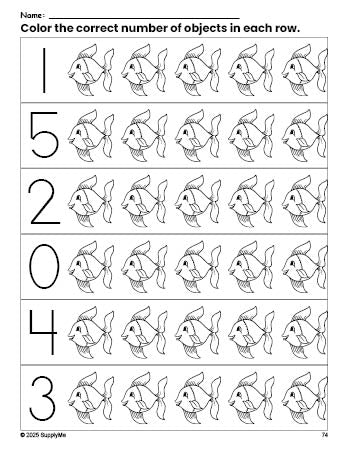 Free printable fish count and color worksheet for preschoolers, fish coloring page and counting worksheet numbers 0-5, PDF