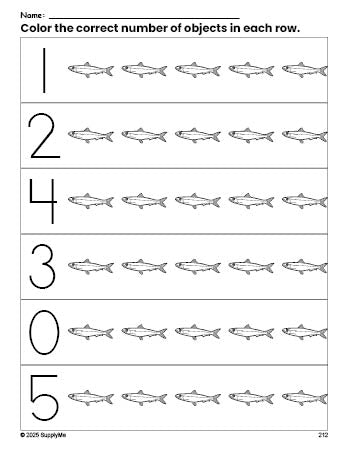 Free printable fish count and color worksheet for preschoolers, fish coloring page and counting worksheet numbers 0-5, PDF