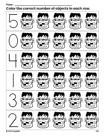 Free printable Frankenstein Halloween count and color worksheet for preschoolers, Halloween coloring page and counting worksheet numbers 0-5, PDF