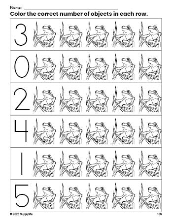 Free printable frog count and color worksheet for preschoolers, frog coloring page and counting worksheet numbers 0-5, PDF