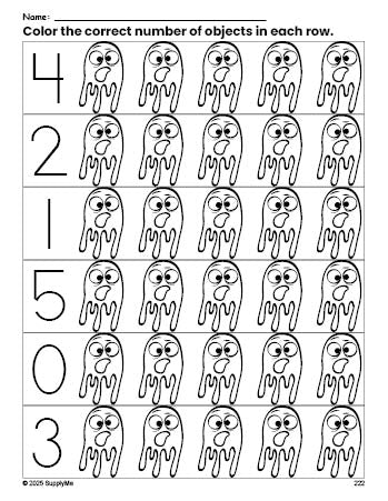 Free printable ghost Halloween count and color worksheet for preschoolers, Halloween coloring page and counting worksheet numbers 0-5, PDF