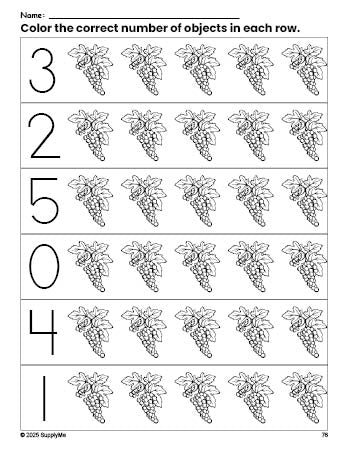 Free printable grapes count and color worksheet for preschoolers, grapes coloring page and counting worksheet numbers 0-5, PDF