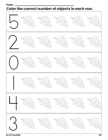 Free printable grapes count and color worksheet for preschoolers, grapes coloring page and counting worksheet numbers 0-5, PDF