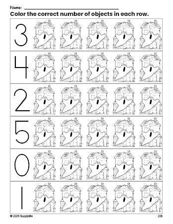 Free printable haunted house Halloween count and color worksheet for preschoolers, Halloween coloring page and counting worksheet numbers 0-5, PDF