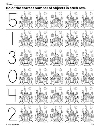 Free printable haunted house Halloween count and color worksheet for preschoolers, Halloween coloring page and counting worksheet numbers 0-5, PDF