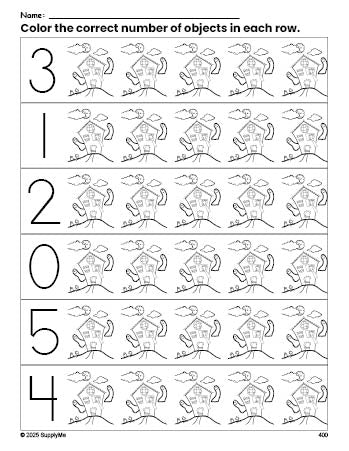 Free printable haunted house Halloween count and color worksheet for preschoolers, Halloween coloring page and counting worksheet numbers 0-5, PDF