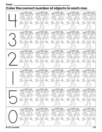 Free printable haunted house Halloween count and color worksheet for preschoolers, Halloween coloring page and counting worksheet numbers 0-5, PDF