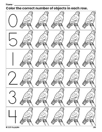 Free printable hawk count and color worksheet for preschoolers, hawk coloring page and counting worksheet numbers 0-5, PDF