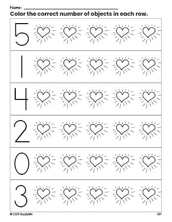 Free printable heart Valentine's Day count and color worksheet for preschoolers, Valentine's Day coloring page and counting worksheet numbers 0-5, PDF
