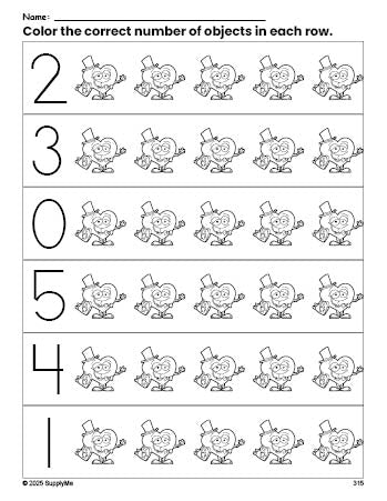 Free printable heart Valentine's Day count and color worksheet for preschoolers, Valentine's Day coloring page and counting worksheet numbers 0-5, PDF