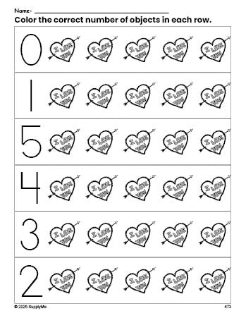 Free printable heart Valentine's Day count and color worksheet for preschoolers, Valentine's Day coloring page and counting worksheet numbers 0-5, PDF