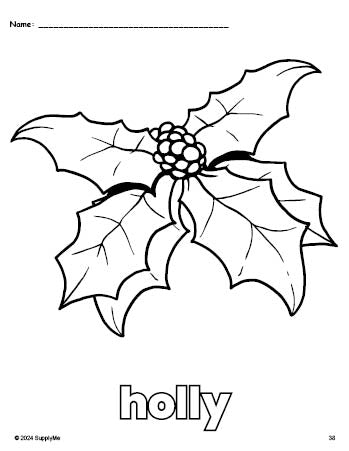 Free printable holly Christmas coloring page for preschool, pre-k, and kindergarten