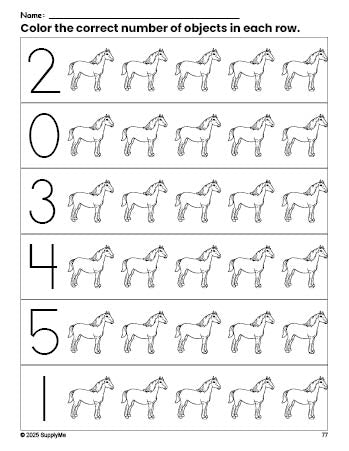 Free printable horse count and color worksheet for preschoolers, horse coloring page and counting worksheet numbers 0-5, PDF